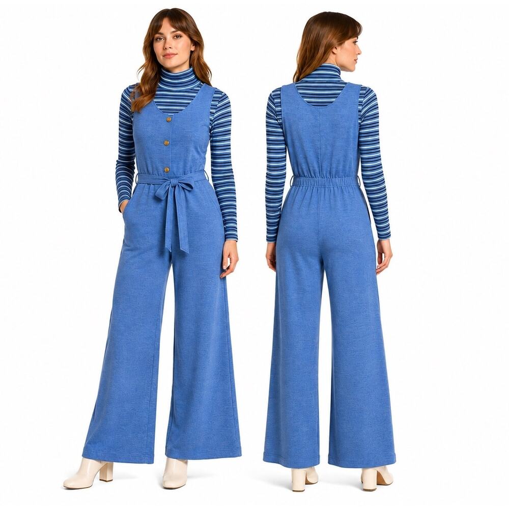 1970s Pic-Nics by Her Majesty Blue Knit Jumpsuit Turtleneck Set USA XS